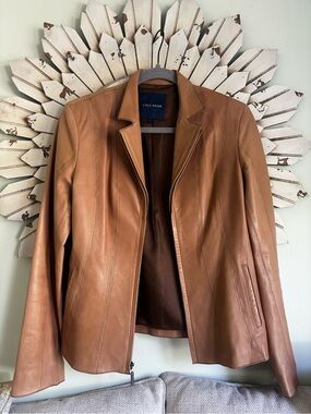 Cole Haan Genuine Lambskin Leather Zip Jacket Cognac Camel Moto Blazer Size 6